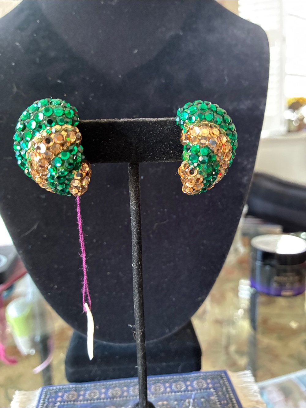 Green and Gold Crystal Dome Clip-On Earrings